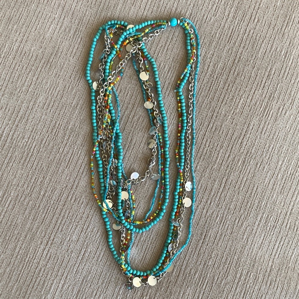 Turquoise and Multi Color Beaded Necklace with Silvertone Accents